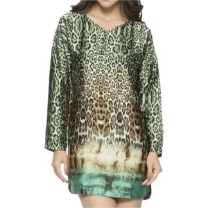 Mango Satin Leopard Print Shift Dress in Green